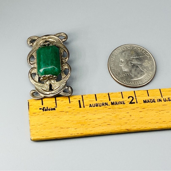 Vintage Art Nouveau Sterling Silver Pin Chrysoprase Stone - Picture 10 of 16